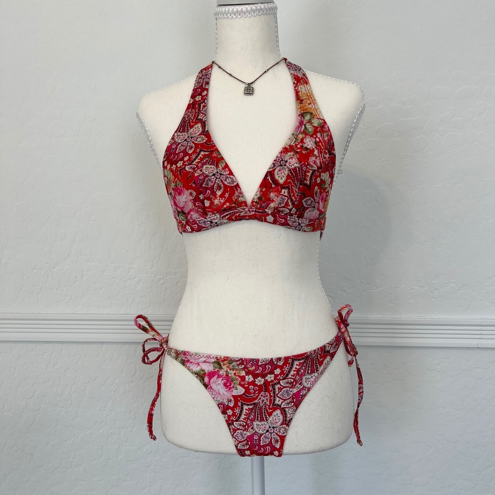 vintage red pink and yellow floral side tie bikini